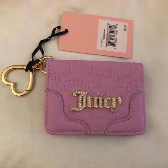 Juicy Couture Fondant Pink Faux Leather Heartless Card Case Key Fob NWT - Picture 1 of 15